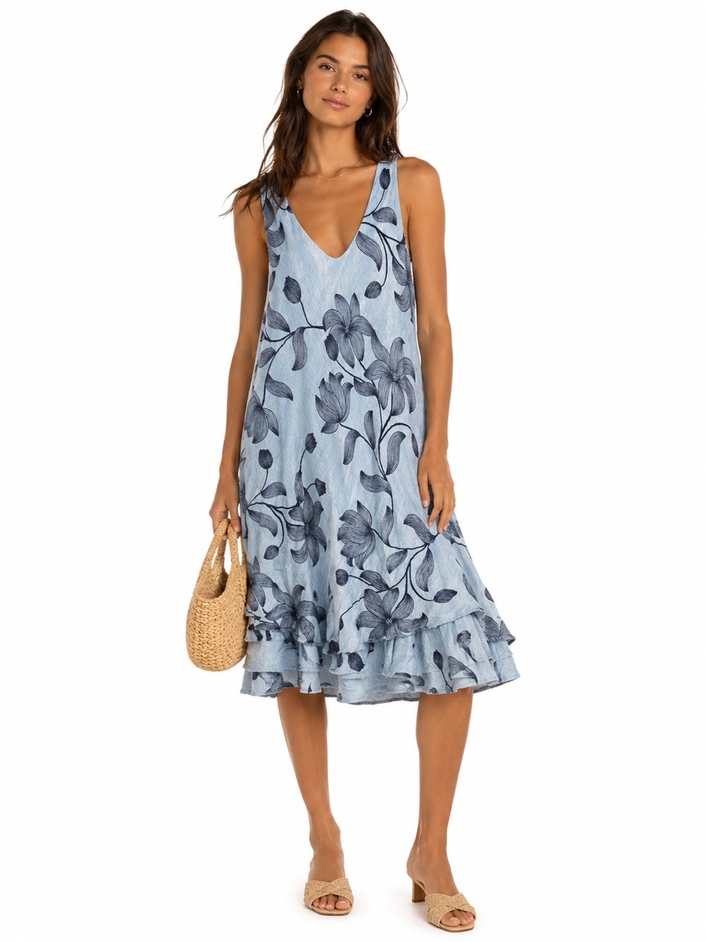 Blue Floral Sleeveless Midi Dress Tiered Ruffle Hem Boho Cottagecore Sz XL